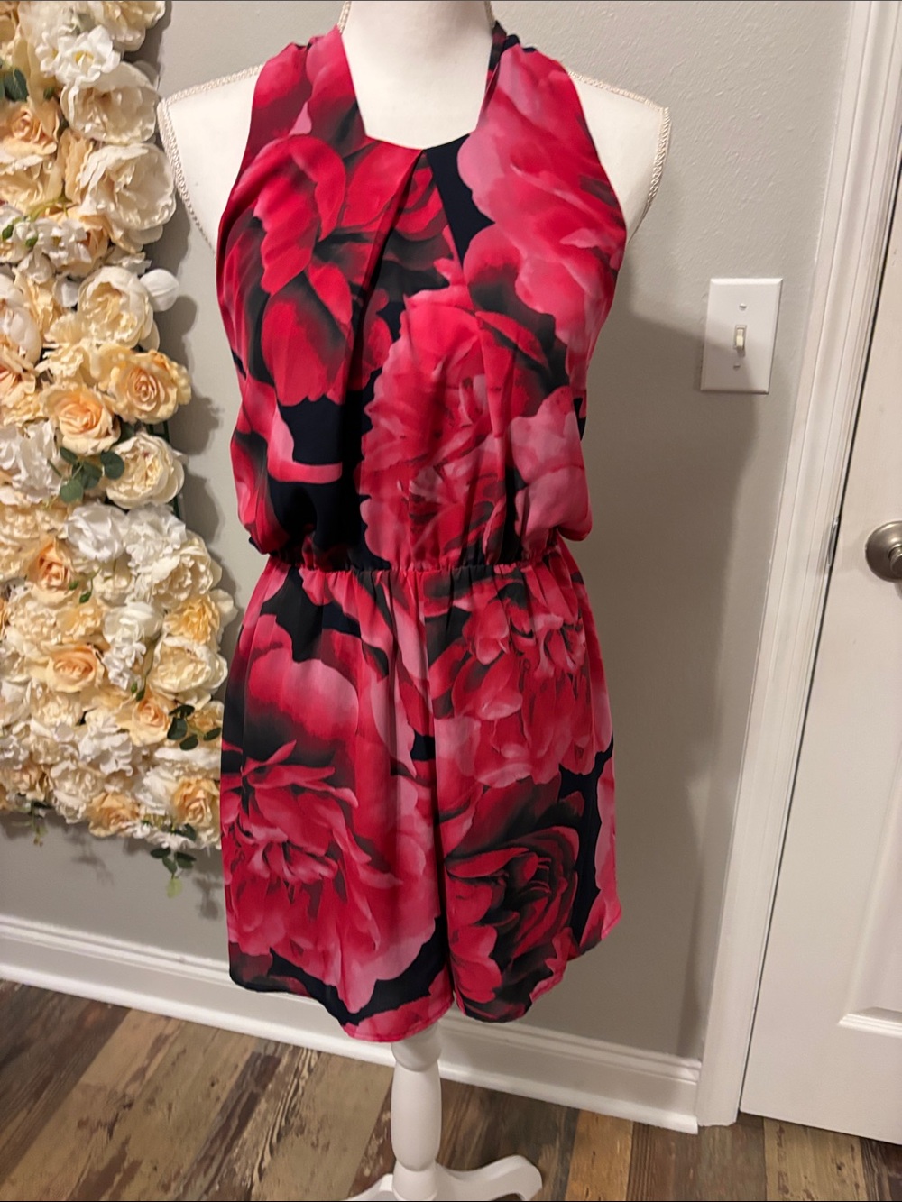Express Floral Halter Romper in Red and Black new